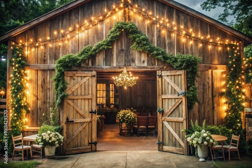 Elegant rustic barn with twinkling string lights, lush greenery, and vintage wooden doors, perfect for romantic countryside wedding ceremonies or receptions.