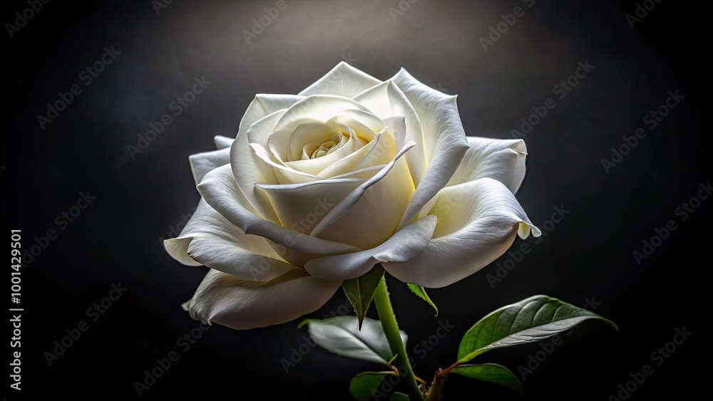 Elegant, velvety white rose blooms against a mysterious, inky black background, its delicate petals and subtle sheen creating a striking contrast of light and darkness. Elegant, velvety white rose blooms against a mysterious, inky black background, its delicate petals and subtle sheen creating a striking contrast of light and darkness.