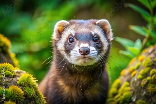 European polecat, Mustela putorius, also known as comadreja, with distinctive white tip on forehead, in natural habitat, showcasing agility and curious nature. photo