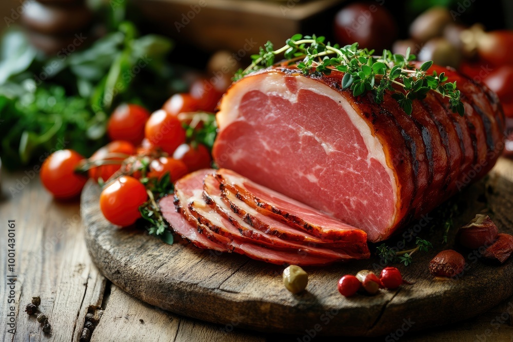 Delicious ham served with garnish on wooden table, closeup - generative ai Delicious ham served with garnish on wooden table, closeup - generative ai