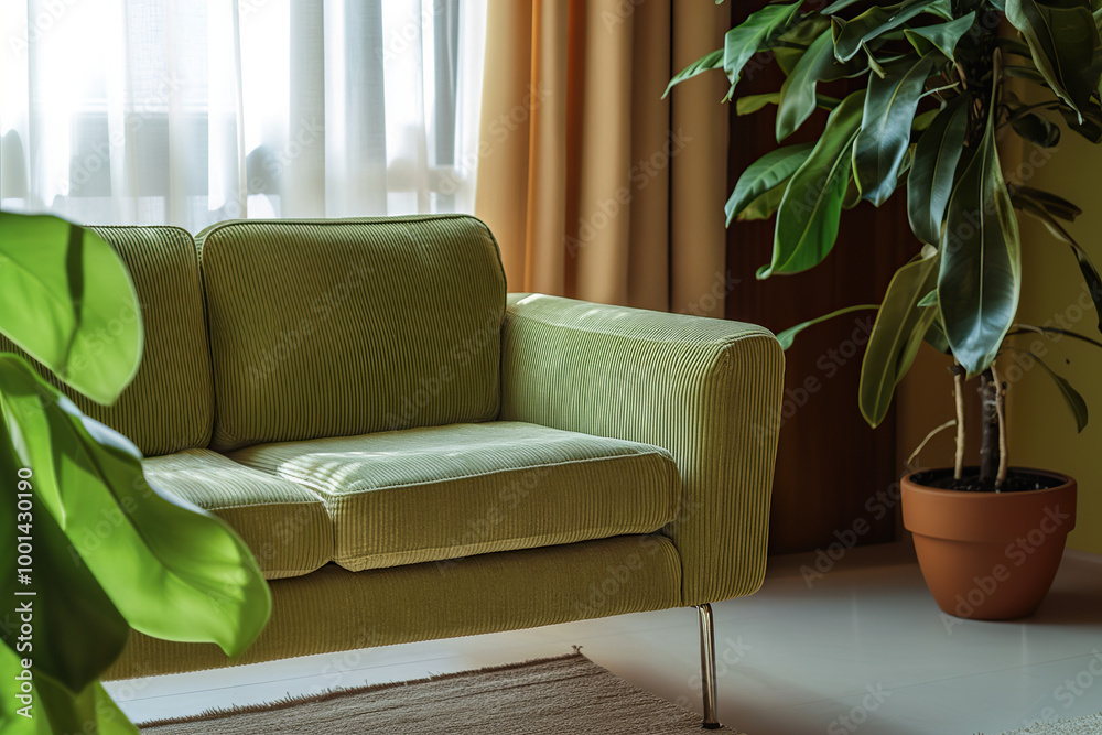Φωτογραφία A green velvet sofa in the living room, a soft and comfortable seating experience, a close-up of the furniture, an indoor scene, a warm light atmosphere, warm colors, and green plants next to it