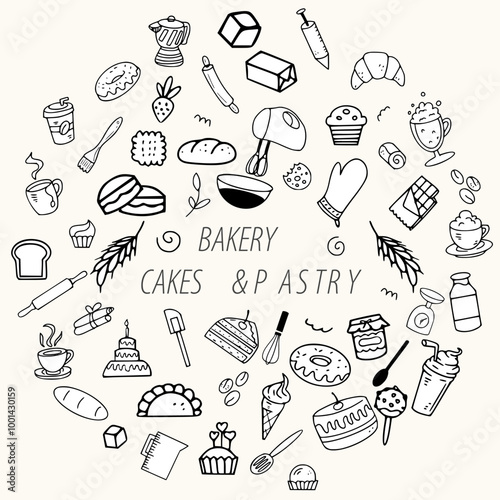 Bakery cakes and pastry line art hand drawn element baking illustration cakes pastry bread muffins cooking tools clipart