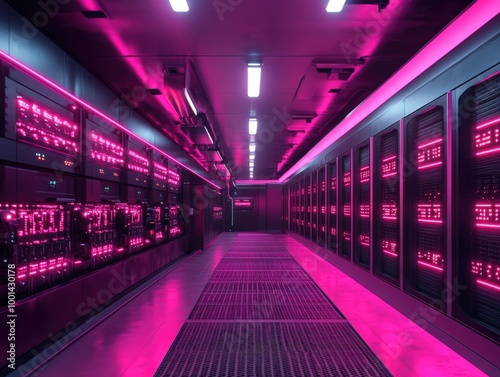 Futuristic Data Center with Pink LED Lighting and High-Tech Server Racks in a Modern Facility