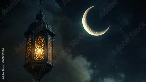 Ramadan background, with ample copy space for text and graphics, a lantern, and a dark theme.