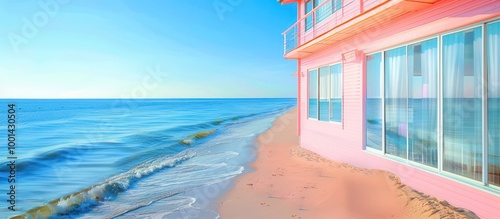 Cheerful orchid pink beach house with large windows, set close to the serene blue ocean and golden sands. photo