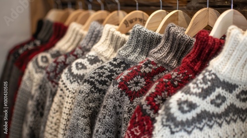 Knitted turtleneck sweaters with Nordic patterns hanging on a rack. Christmas and winter fashion photo