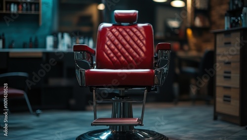 Classic Red Barber Chair in a Modern Barbershop photo