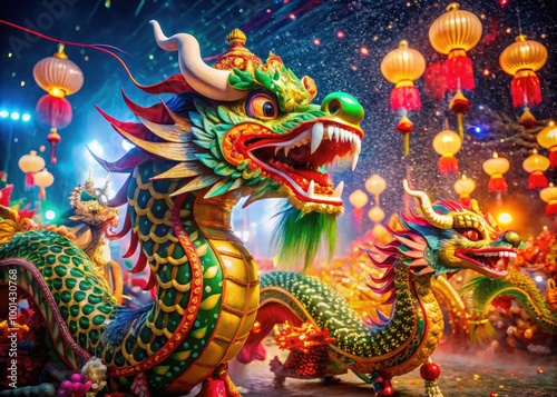 Celebrating a Joyful New Year with Vibrant Dragon Symbols and Colorful Festive Decorations