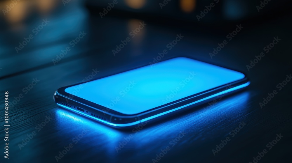 Modern Smartphone with Glowing Screen on Wooden Surface in Low Light Environment Modern Smartphone with Glowing Screen on Wooden Surface in Low Light Environment