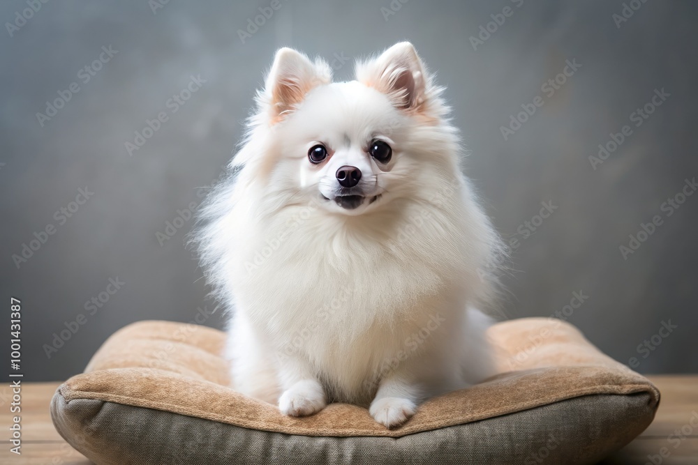 Fluffy white Pomeranian dog sits on a soft cushion, its bright inquisitive eyes and cute nose making it an irresistible adorable furry companion. Fluffy white Pomeranian dog sits on a soft cushion, its bright inquisitive eyes and cute nose making it an irresistible adorable furry companion.