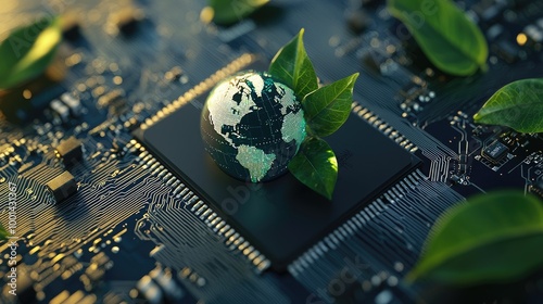 Fototapeta Naklejka Na Ścianę i Meble -  A photorealistic image of a microchip in isometric perspective, with a detailed globe at the center. The ends of the microchip tracks transform 