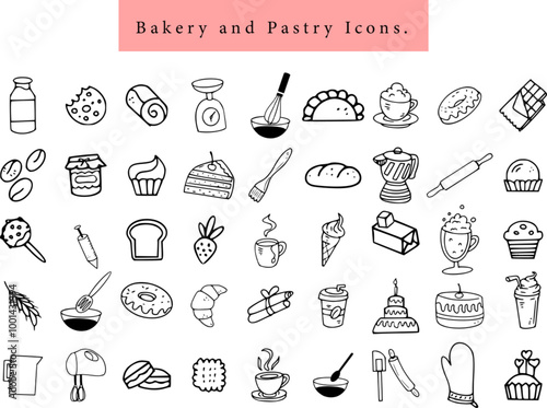 hand drawn bakery pastry element and icons line art cooking cakes bread