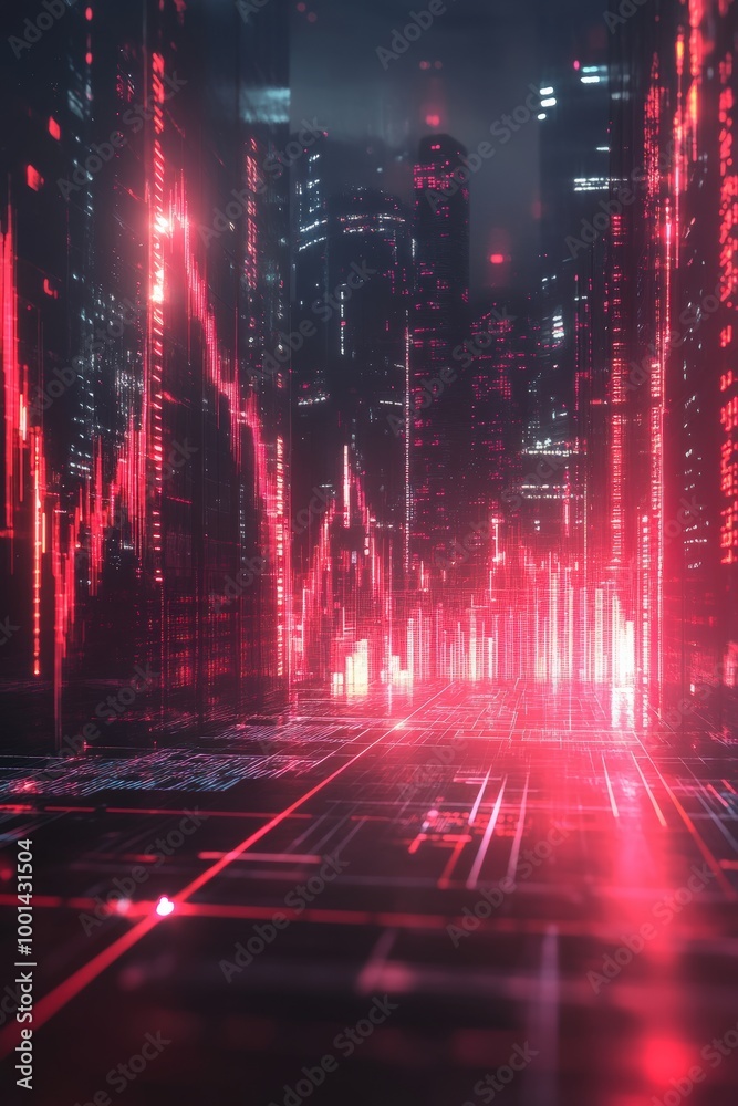 Obraz premium Futuristic Digital Cityscape with Neon Lights and Data Visualization in a Cyberpunk Style