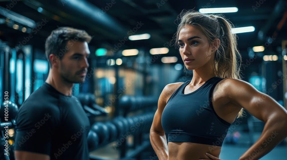 A woman working out with a personal trainer in a modern gym, receiving guidance and encouragement. A woman working out with a personal trainer in a modern gym, receiving guidance and encouragement.