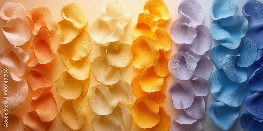 A Colorful Array of Delicate Petals Arranged in a Gradual Color Gradient, Transitioning From Warm Peach Tones to Cool Blue Hues