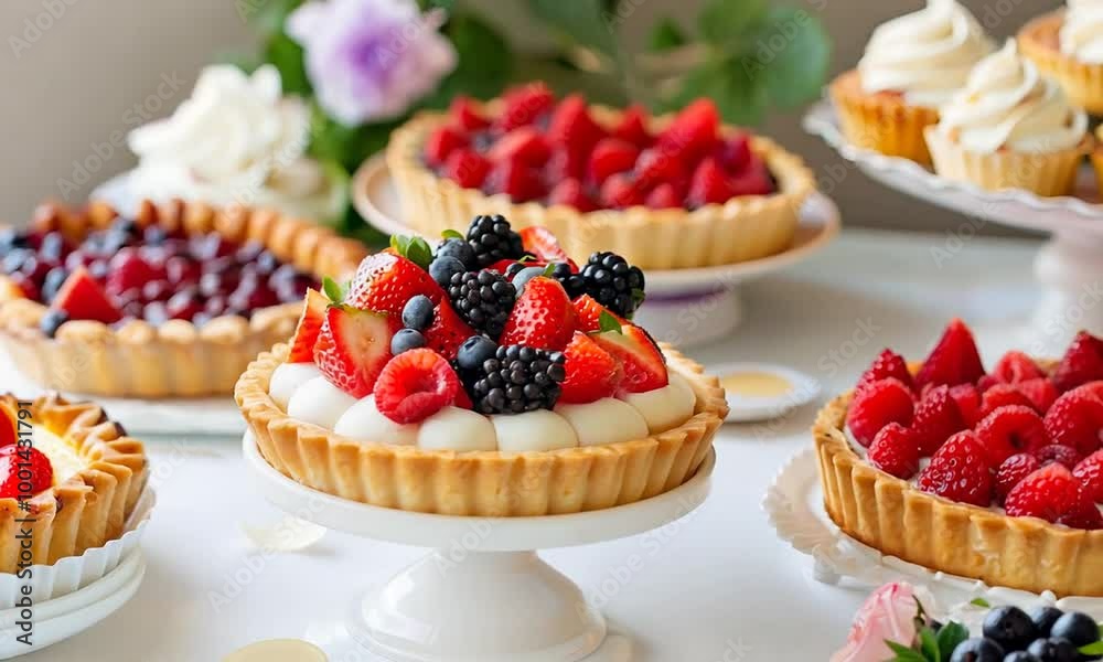 Assorted tarts and pies on a dessert table, elegant display Assorted tarts and pies on a dessert table, elegant display