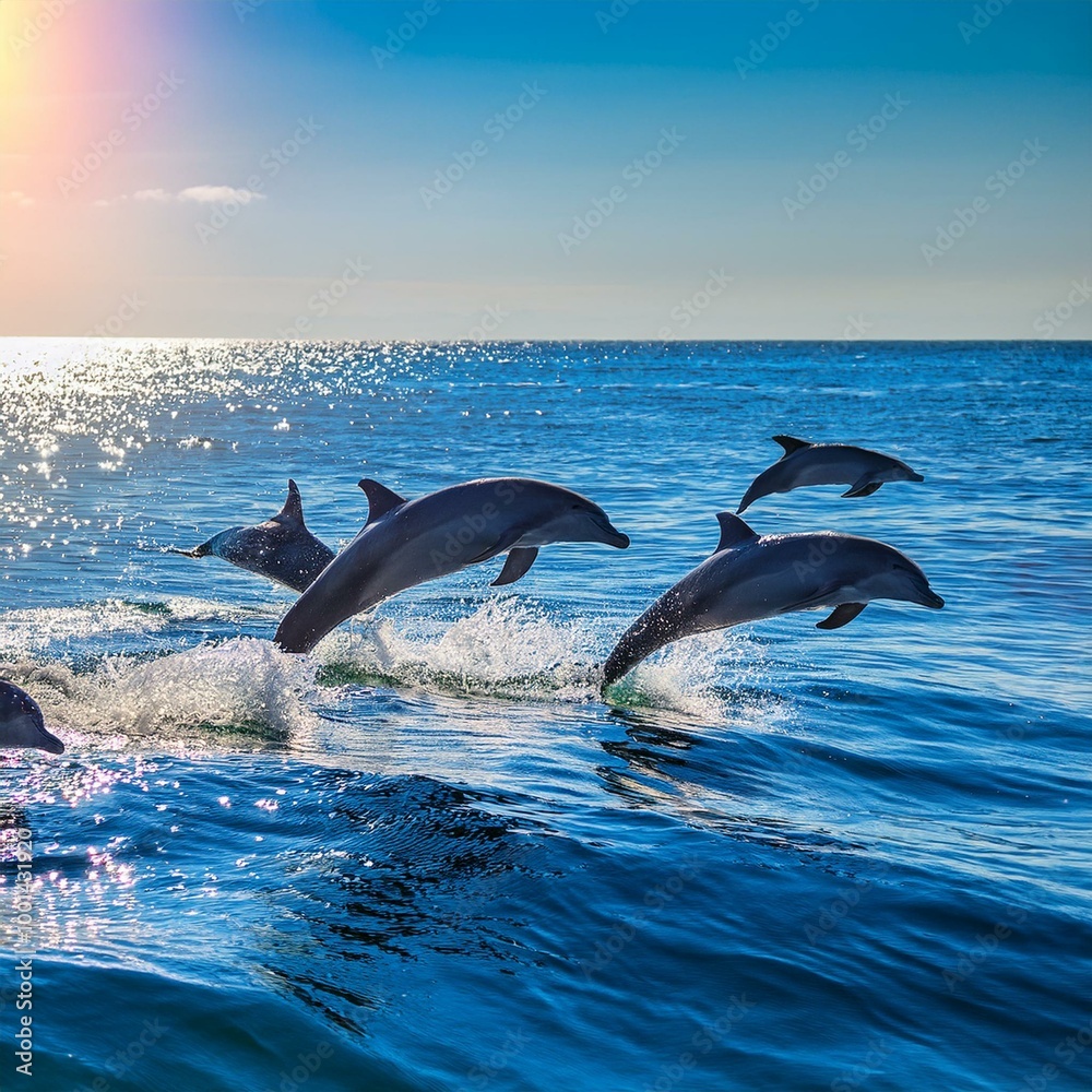 Fototapeta premium 海を背に、数頭の青いイルカが弧を描くように飛び跳ねている。太陽の光が水面に反射し、イルカの視線な体がキラキラと輝きながら、楽しそうに海を駆け抜けていく瞬間 
