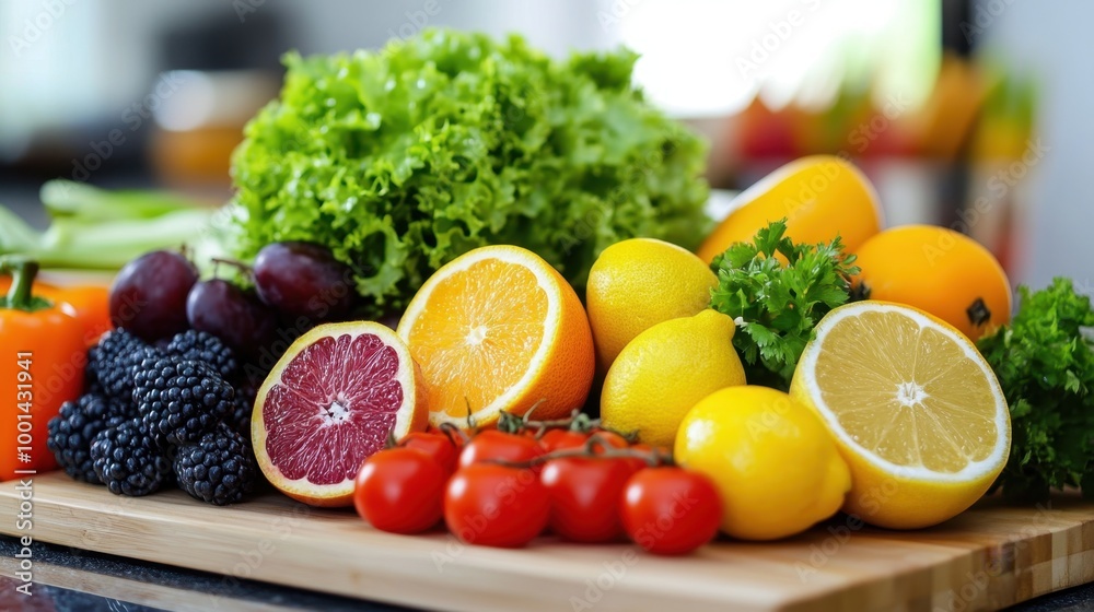 Fresh and Healthy Fruits and Vegetables Displayed Close Up Fresh and Healthy Fruits and Vegetables Displayed Close Up