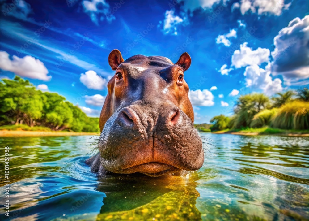 Fototapeta premium Charming and Playful Hippo Relaxing in Water Under Bright Sunlight at a Wildlife Sanctuary