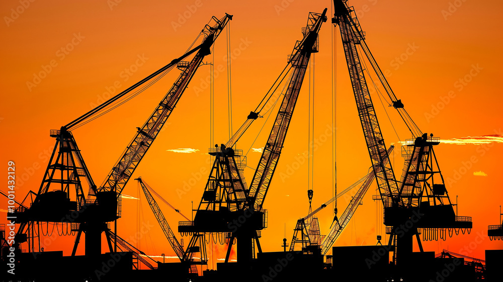 Industrial port silhouette with container shipping, dynamic skyline scene, busy international trade scene Industrial port silhouette with container shipping, dynamic skyline scene, busy international trade scene