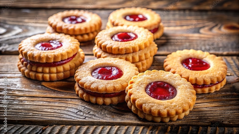 Delicious homemade jammy dodgers with vibrant red filling on a rustic wooden table background Delicious homemade jammy dodgers with vibrant red filling on a rustic wooden table background