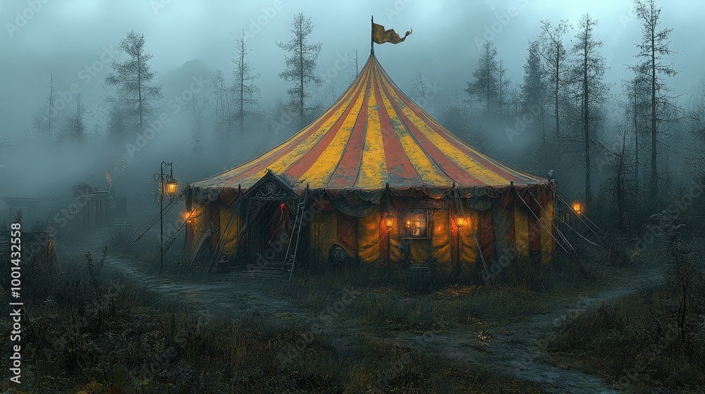 A forlorn circus tent, a faded symbol of forgotten joy, stands alone in a mist-shrouded forest, its lamps casting a spectral glow upon the damp earth A forlorn circus tent, a faded symbol of forgotten joy, stands alone in a mist-shrouded forest, its lamps casting a spectral glow upon the damp earth