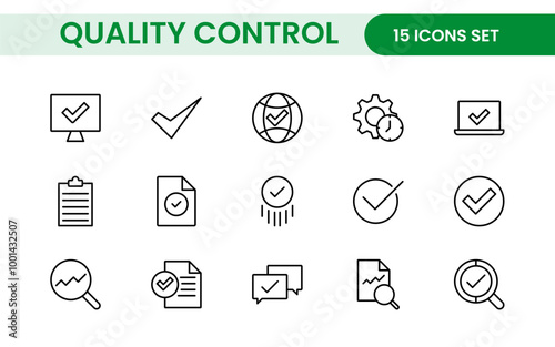 Quality Control line icon set. Included the icons as inspect, QA, qualify, quality control, check, verify, and more.