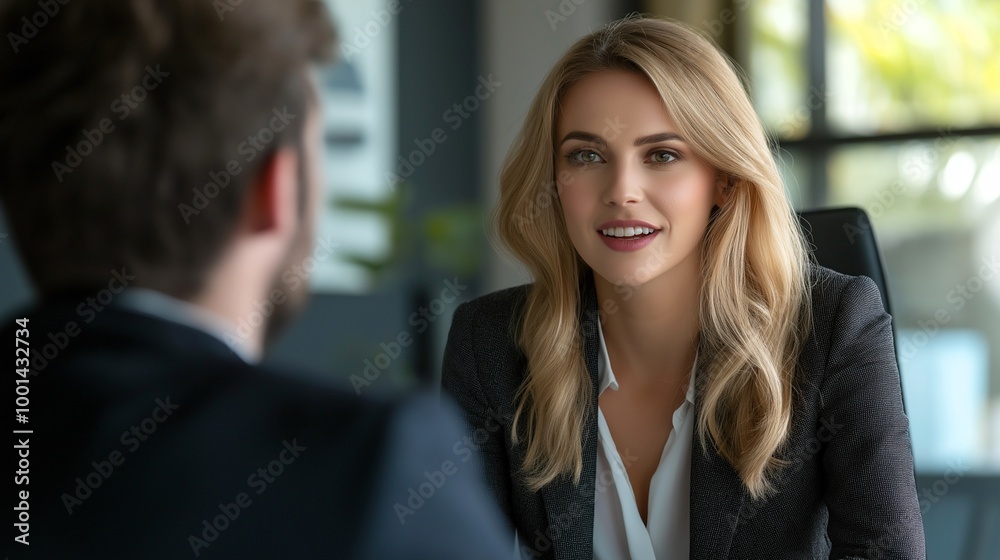 A woman in a business suit is talking to a man in a suit. The woman is smiling and she is happy.Generative ai illustration.