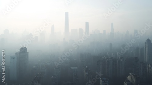 A city skyline shrouded in thick smog, with towering skyscrapers barely visible through the haze. Citizens wear masks, trying to breathe in the heavily polluted air