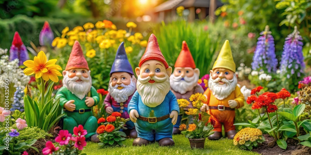 Charming Garden Gnomes Surrounded by Colorful Flowers in a Lush Green Backyard Setting