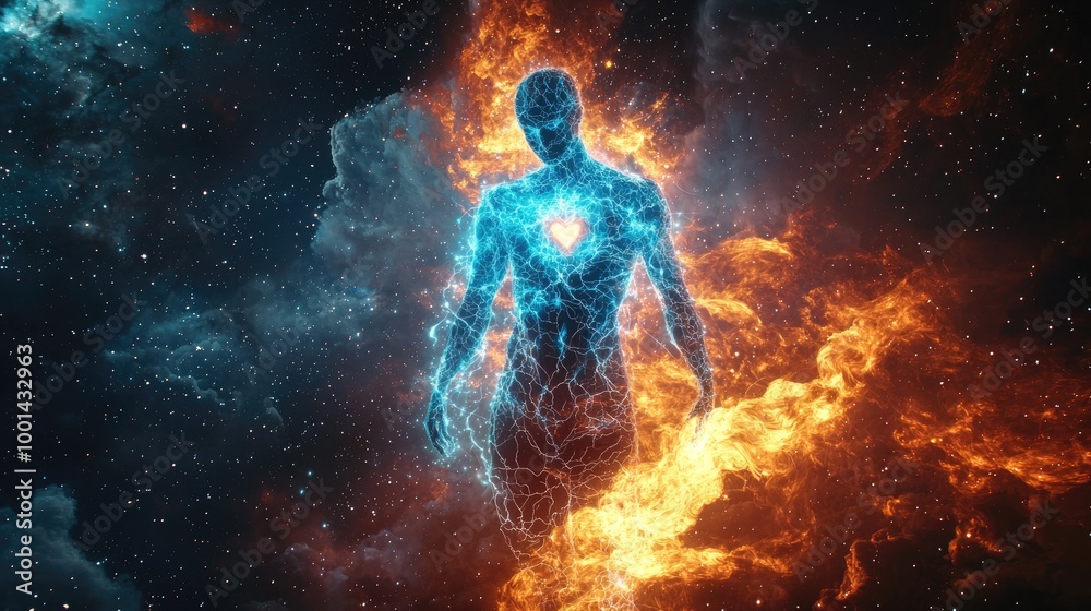 A radiant human figure made of pure energy, glowing with electric blue and fiery orange light, stands in the midst of a cosmic scene filled A radiant human figure made of pure energy, glowing with electric blue and fiery orange light, stands in the midst of a cosmic scene filled