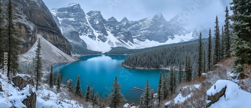 A beautiful lake surrounded by snow covered trees. The lake is blue and the snow is white. The scene is peaceful and serene.Generative ai illustration.