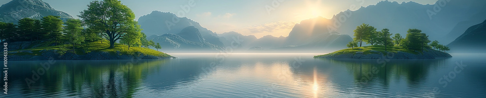Fototapeta premium wide panoramic lake scenery with mountains and trees in the morning 