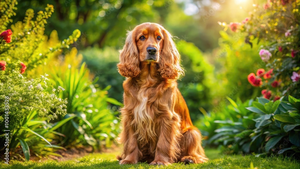 Charming Red Golden Cocker Spaniel Sitting Proudly in a Lush Green Garden on a Sunny Day Charming Red Golden Cocker Spaniel Sitting Proudly in a Lush Green Garden on a Sunny Day