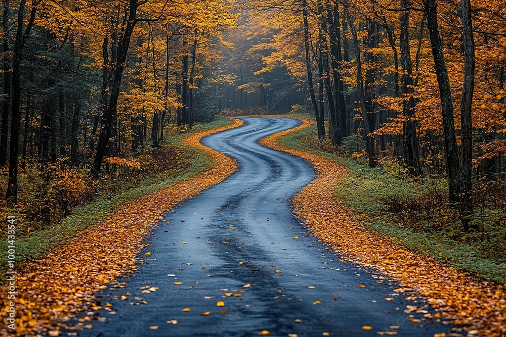 A winding road with leaves on the ground A winding road with leaves on the ground