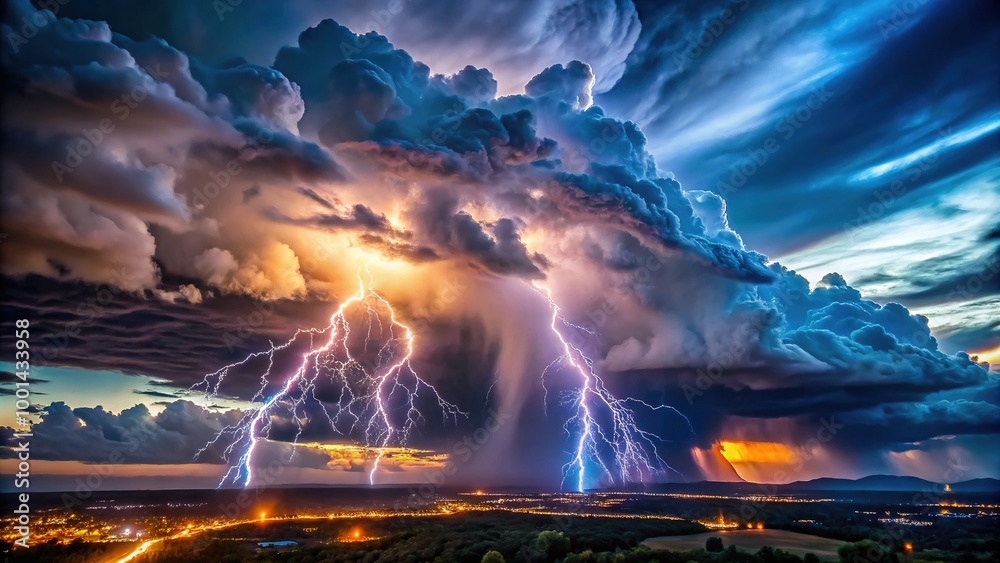Dramatic Thunderstorm Over Dark Sky with Lightning Strikes Illuminating the Atmosphere at Night Dramatic Thunderstorm Over Dark Sky with Lightning Strikes Illuminating the Atmosphere at Night