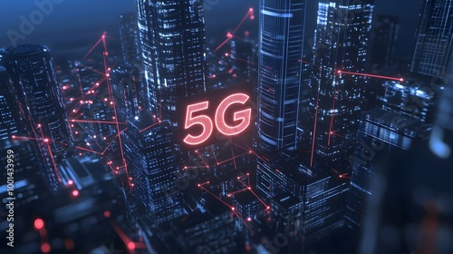 A large "5G" symbol floats above an urban skyline, connected by glowing lines to buildings and roads below