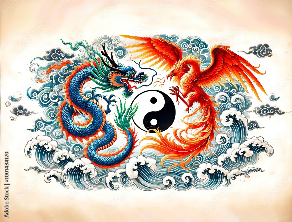 Yin and Yang Dragon and Phoenix in Asian Art Style Yin and Yang Dragon and Phoenix in Asian Art Style