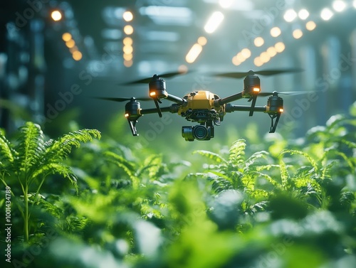 High-Tech Drone Hovering Over Lush Green Plants in a Modern Indoor Farming Facility photo