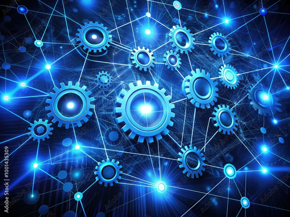 Glowing blue digital diagram with interconnected gears, nodes, and lines forming a futuristic network, symbolizing data analysis, technology, and innovation. Glowing blue digital diagram with interconnected gears, nodes, and lines forming a futuristic network, symbolizing data analysis, technology, and innovation.