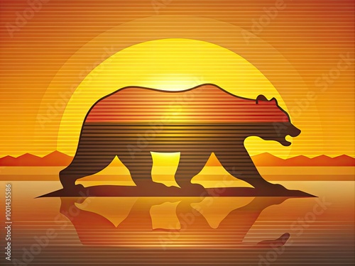 Golden California bear icon silhouette on a stylized gradient background with warm sunset hues, evoking a sense of western coast freedom and adventure. photo