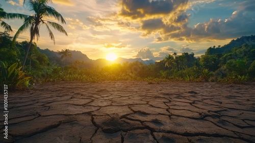 A time-lapse scene showing a thriving rainforest transitioning into a barren desert due to the effects of global warming. The progression of destruction, from vibrant greenery to cracked, dry earth photo