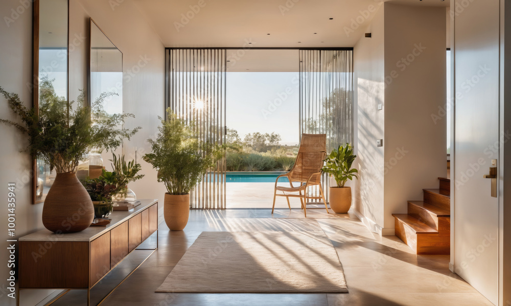Sunlight streams through a modern home, illuminating a stylish living room with large windows overlooking a pool Sunlight streams through a modern home, illuminating a stylish living room with large windows overlooking a pool