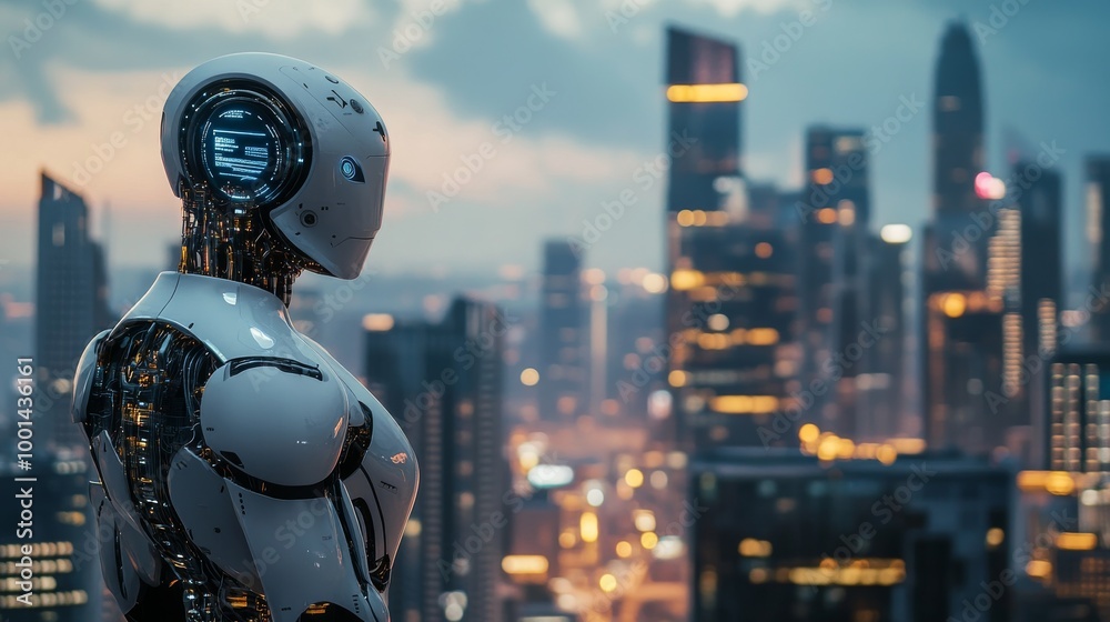 A vision of 2025, where AI systems dominate the business world, robots manage corporate tasks, and advanced technology redefines how companies achieve their goals, surrounded by sleek cityscapes