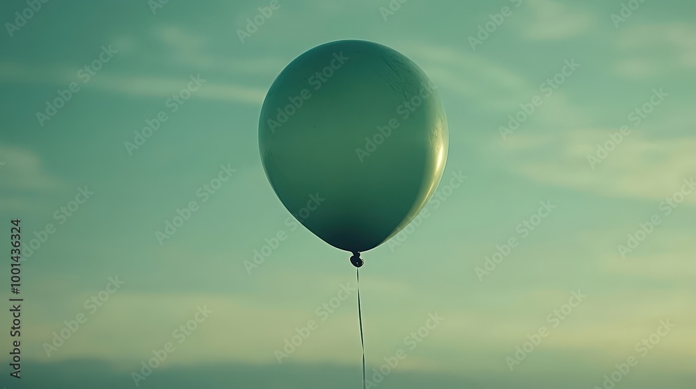 Obraz premium A solitary green balloon floats against a tranquil sky, its string gently swaying in the breeze.