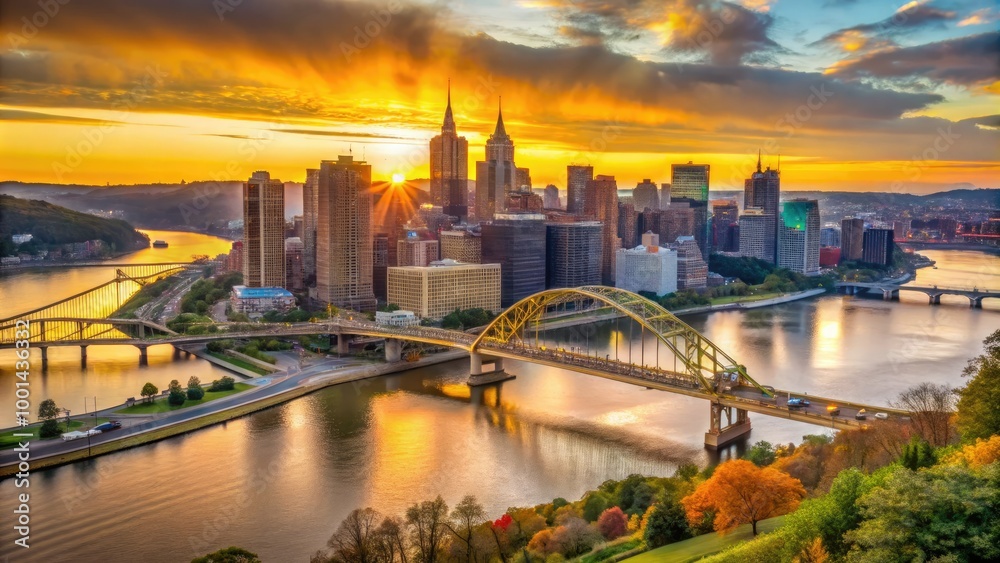 Golden light casting a warm glow on the urban landscape of Pittsburgh, with steel bridges, iconic skyscrapers, and rolling hills in the background.
