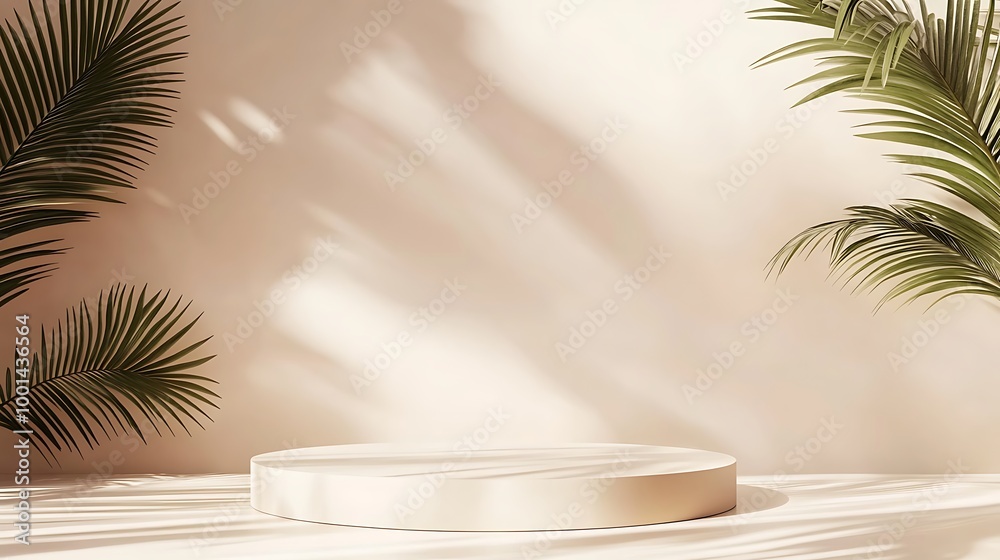Beige pastel background for product presentation with shadow tropical palm leaves and light Podium stage pedestal platform for cosmetic product Empty square podium Mockup Beige pastel background for product presentation with shadow tropical palm leaves and light Podium stage pedestal platform for cosmetic product Empty square podium Mockup