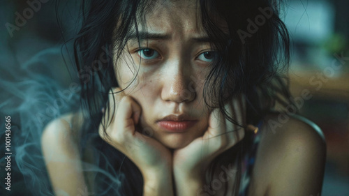 Close-up portrait of a young woman with an expression of sadness and introspection, resting her face in her hands, with messy hair and a moody, contemplative atmosphere photo