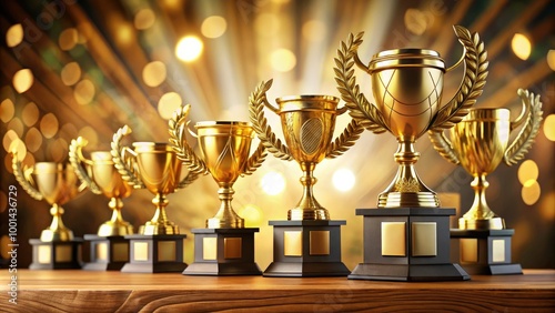 Golden metallic trophies with laurel wreaths and ribbons on a wooden podium against a blurred background, symbolizing achievement and excellence in various competitions.