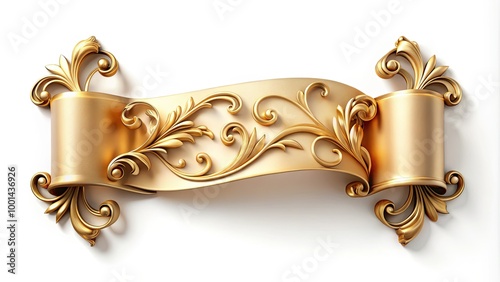 Golden ornate scroll with curled edges and intricate floral patterns, suspended from a satin ribbon, isolated on a white background with subtle shadows. photo